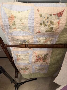 Floral Patchwork Quilt Throw in Pastel Green, Peach & Cream Handmade